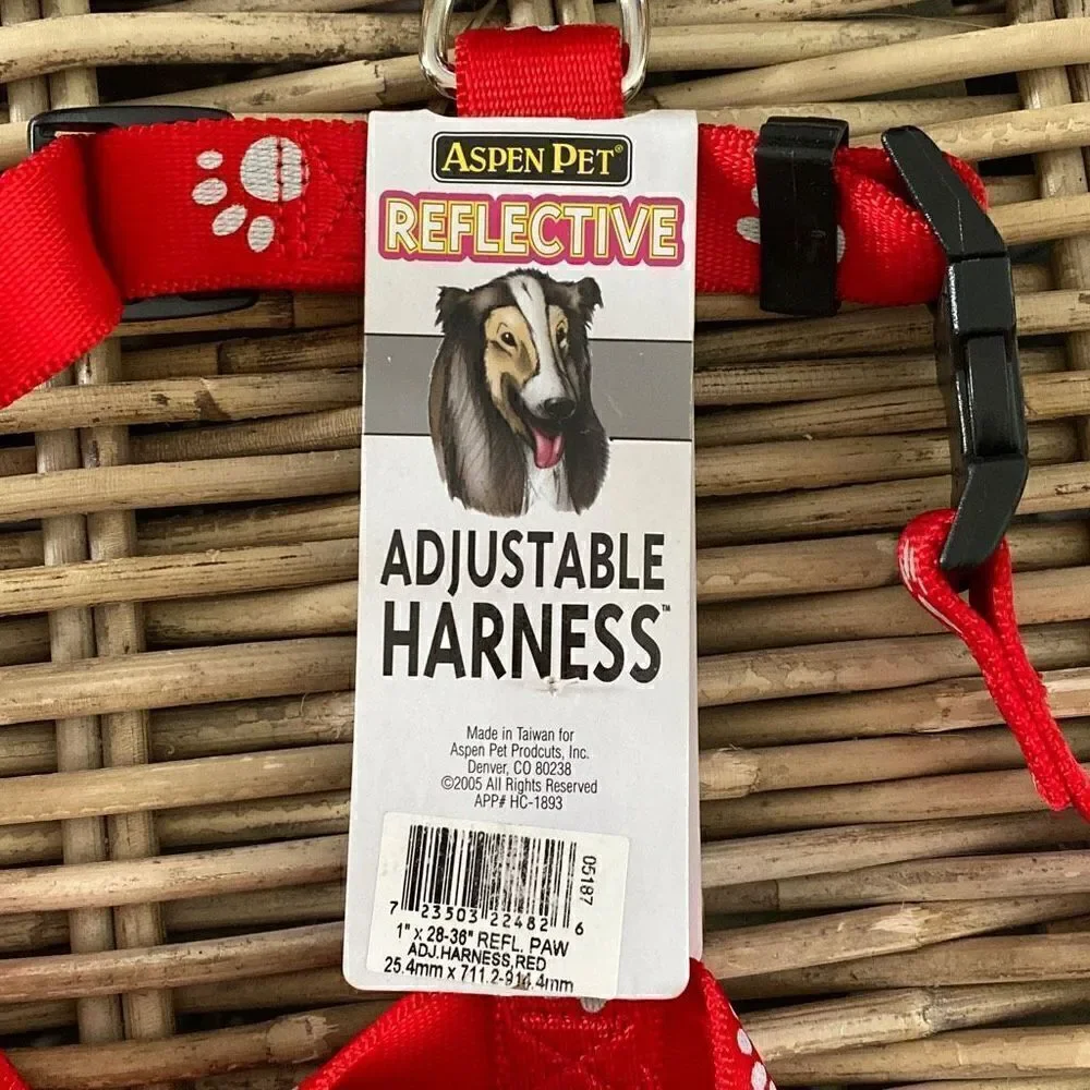 Nylon Dog Harness Reflective Adjustable Red Paws Large 1”x28-36” Aspen Pet NWT